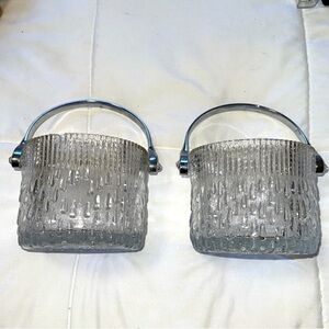 Set of two texture glass  ice buckets or votive holders with chrome handles. 2